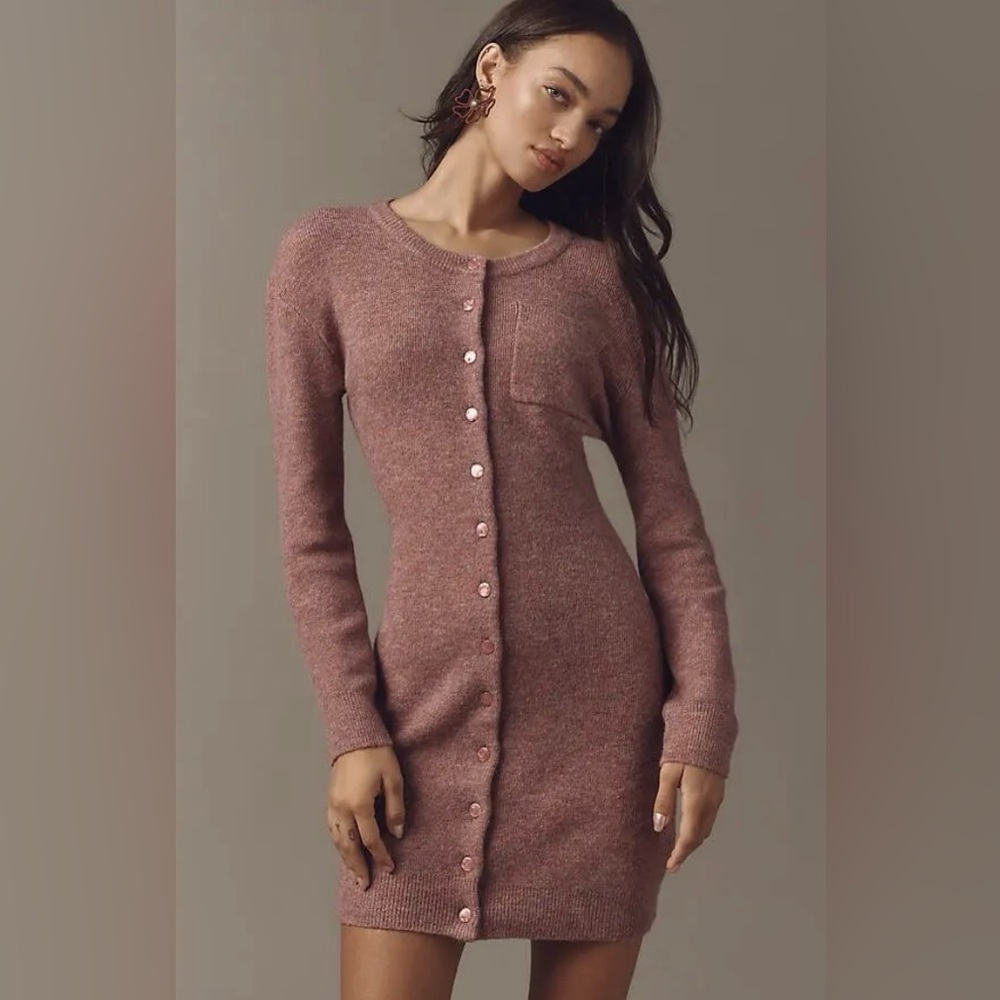 Anthropology MARE MARE Long-Sleeve Button-Front Sweater Mini Dress - Red